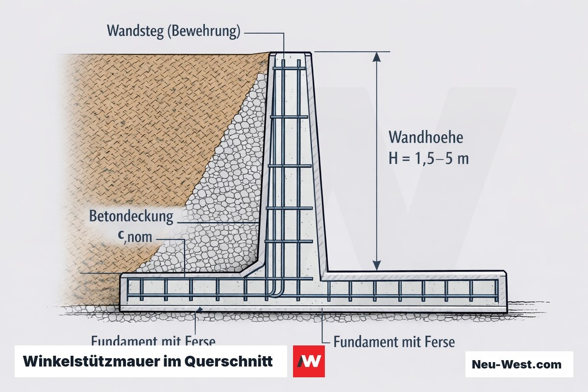 Bemaßter Querschnitt einer bewehrten Winkelstützmauer aus Stahlbeton mit Wandsteg, Fundamentferse, Bewehrungsstäben, Betondeckung und Wandhöhe H.