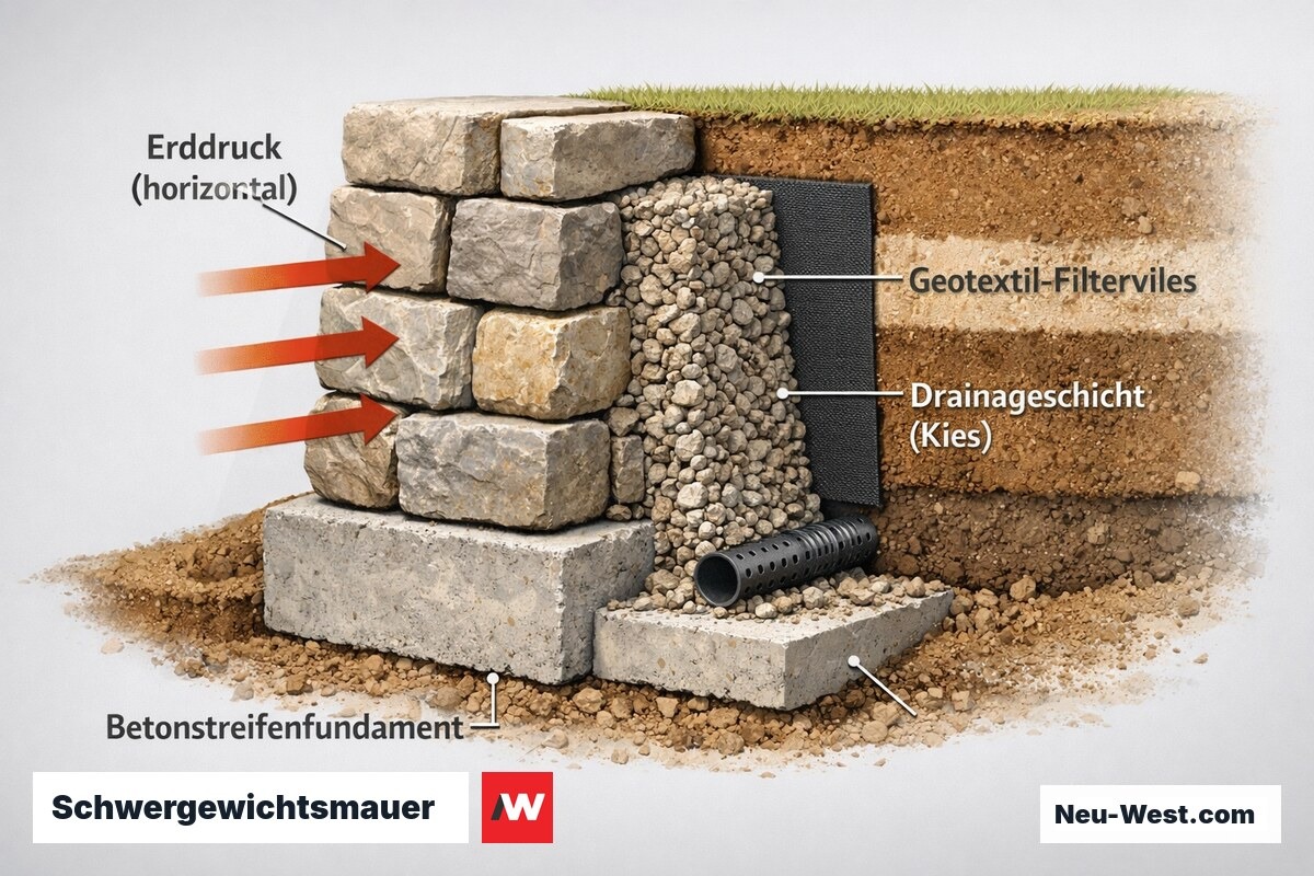 Querschnitt einer Schwergewichtsmauer aus Naturstein mit Drainageschicht, Geotextil und Erddruckpfeilen auf Betonstreifenfundament