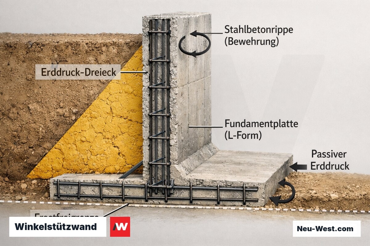 Querschnitt einer L-förmigen Stahlbeton-Winkelstützwand mit Bewehrungsgitter, Fundamentplatte und Erddruckdreieck