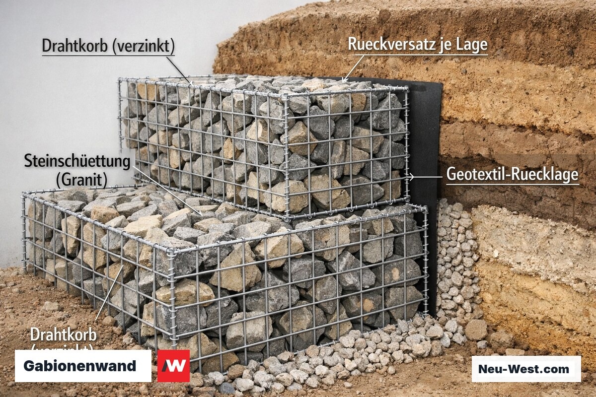 Gestaffelte Gabionenwand im Schnitt: verzinkte Drahtkörbe mit Granitfüllung, Geotextil und Kies-Drainagezone dahinter