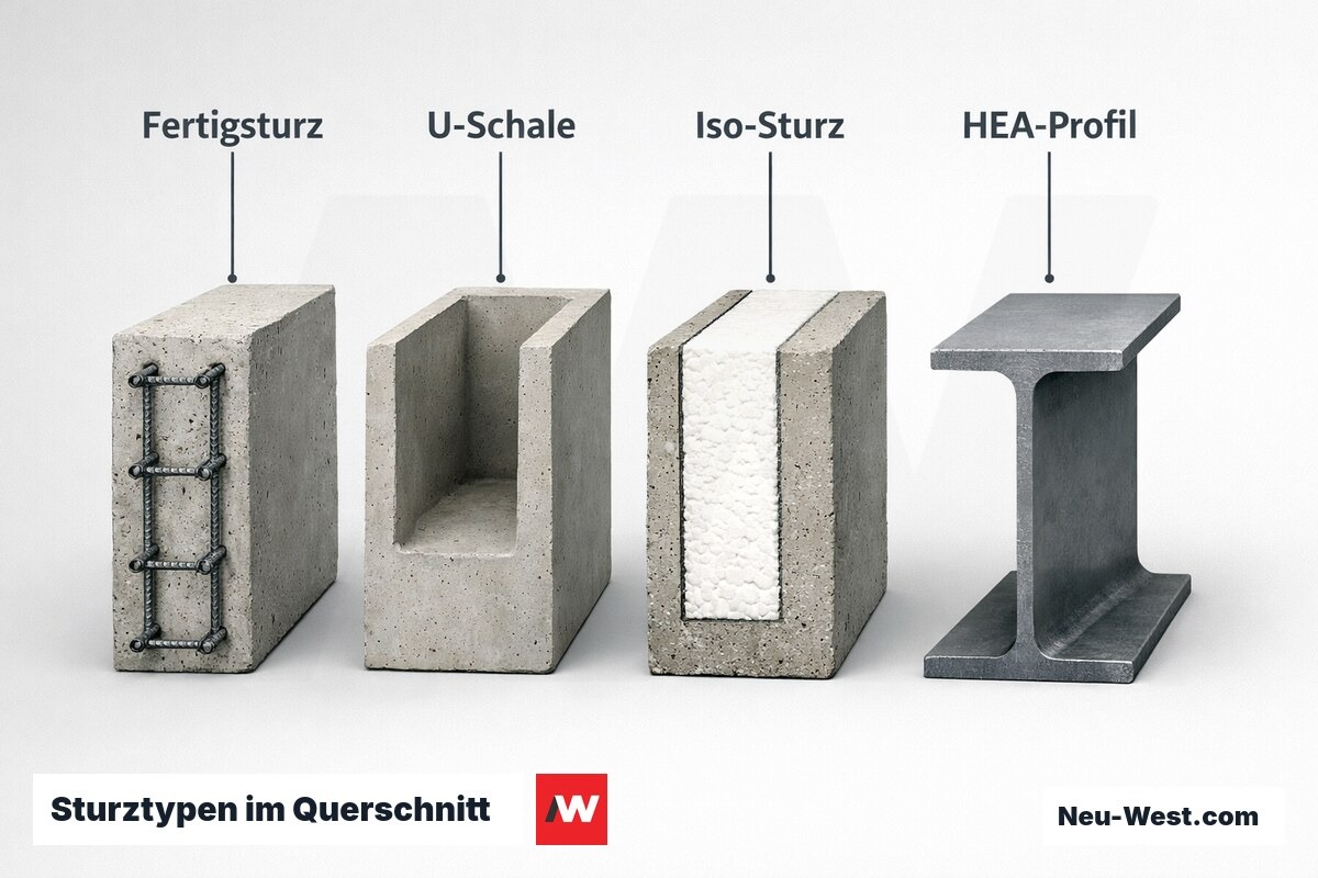 Sturztypen im Querschnitt: Gewicht und Wärmedämmvergleich – Erklär-Grafik (NEUWEST Berlin)