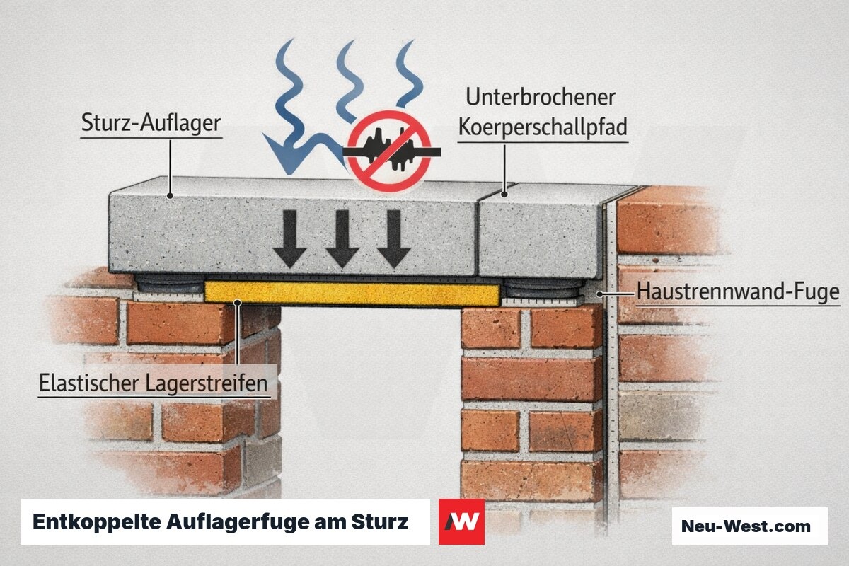 Querschnitt eines Sturz-Auflagers mit elastischem Lagerstreifen, der den Körperschallpfad an der Auflagerfuge unterbricht, inklusive Haustrennwand-Fuge.