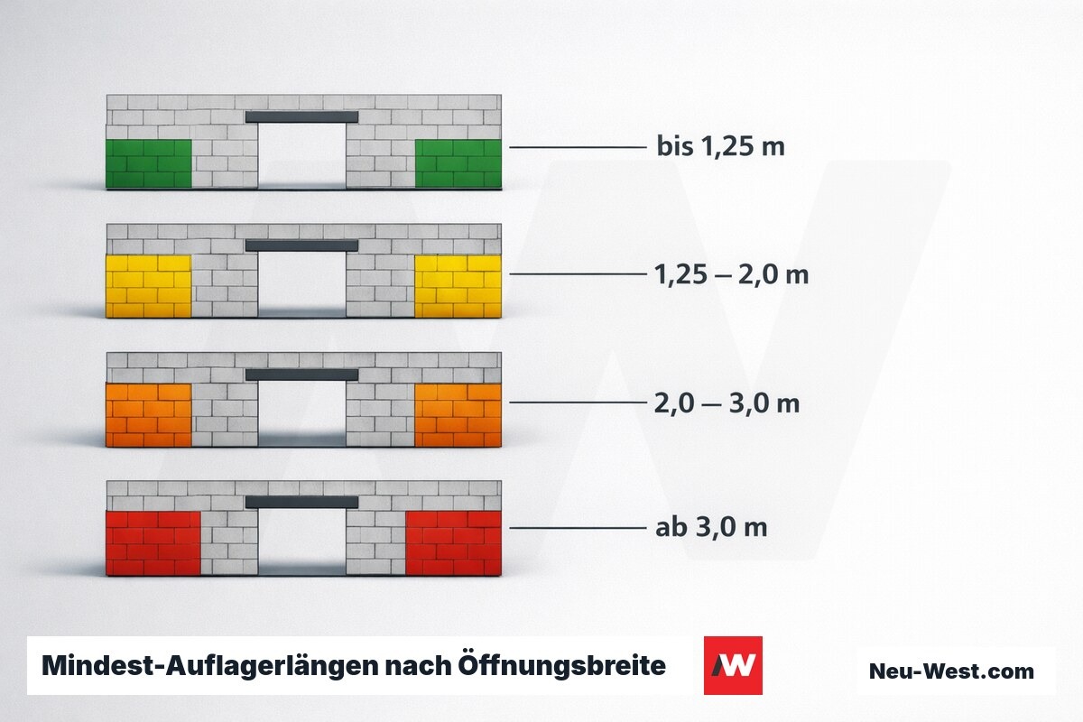 Mindest-Auflagerlängen nach Öffnungsbreite (Richtwerte EC6) – Erklär-Grafik (NEUWEST Berlin)