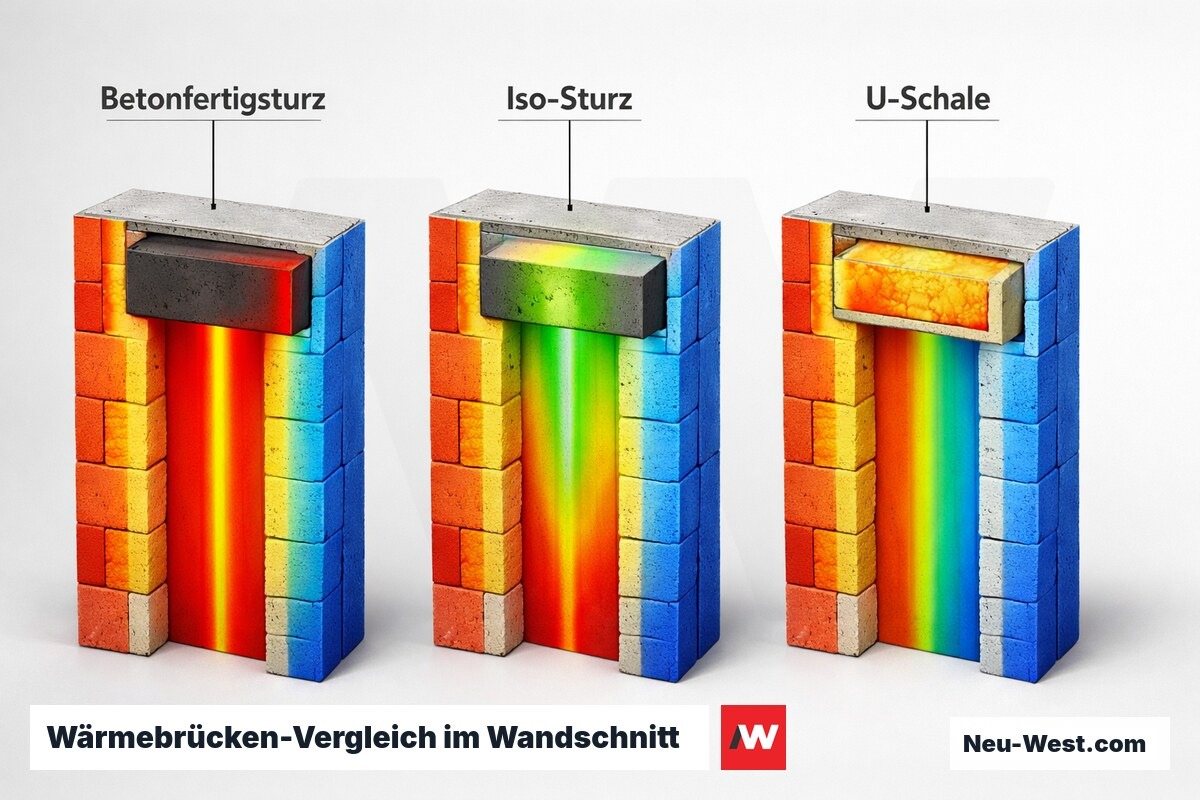 Wärmebrücken-Vergleich im Wandschnitt: Ψ-Wert je Sturztyp – Erklär-Grafik (NEUWEST Berlin)