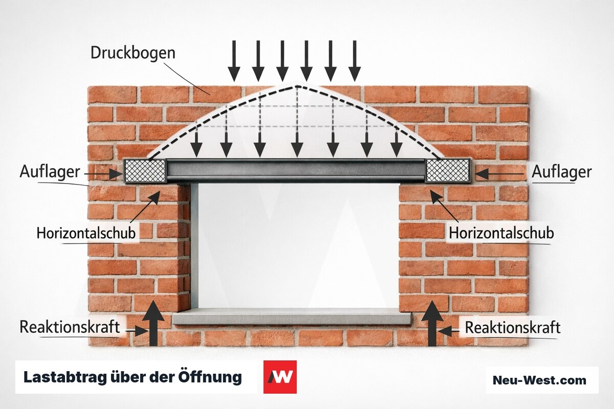 Lastabtrag über der Öffnung: 60°-Druckbogen und Auflagerkräfte – Erklär-Grafik (NEUWEST Berlin)