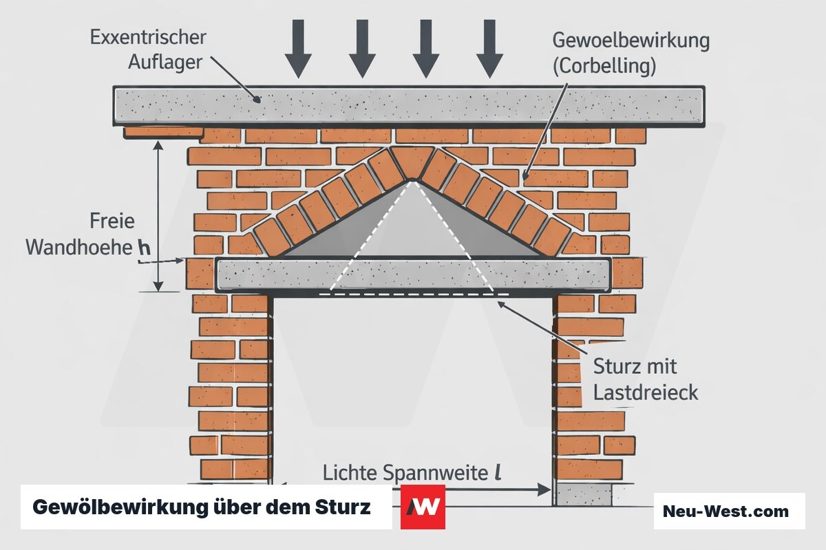 Querschnitt einer Maueröffnung mit Sturz, darüber Gewölbewirkung mit Lastdreieck sowie Bemaßung von freier Wandhöhe und lichter Spannweite.