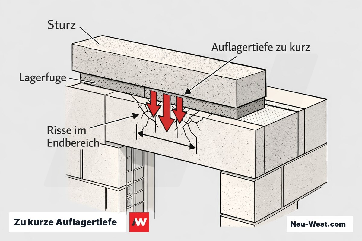 Querschnitt eines Sturzauflagers auf Porenbeton mit zu kurzer Auflagertiefe, hoher Auflagerpressung und Rissen im Sturz-Endbereich.