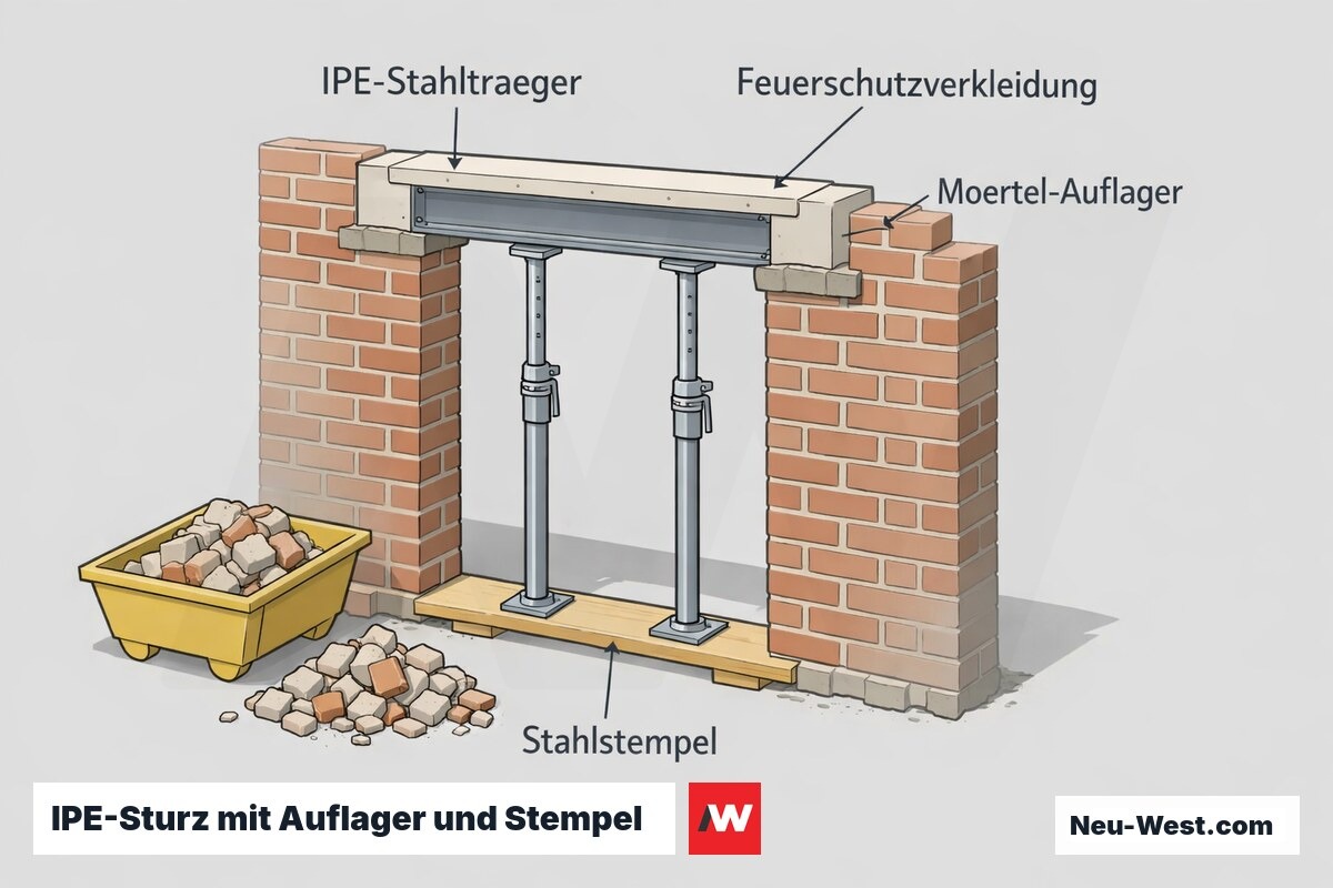 Querschnitt einer tragenden Wandöffnung mit IPE-Stahlträger, Feuerschutzverkleidung, Mörtel-Auflagern und Stahlstempeln als Zwischenabstützung.