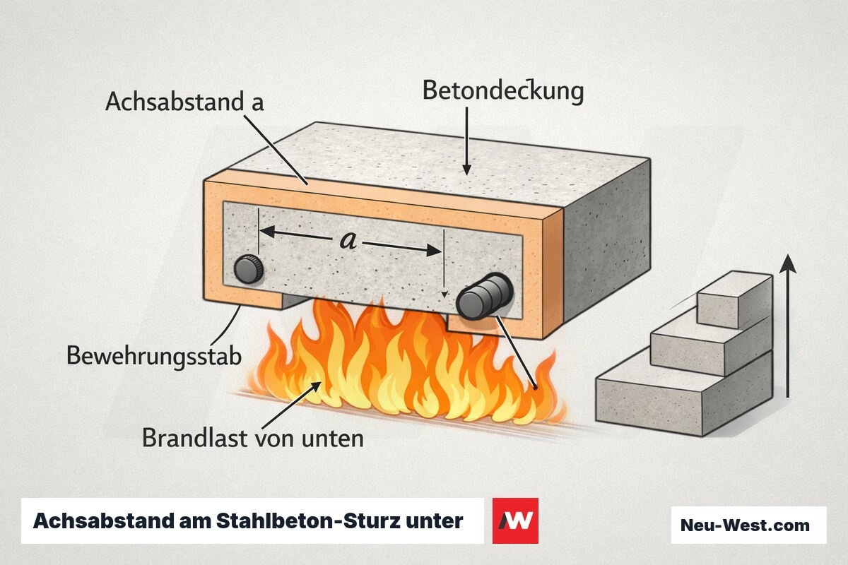 Querschnitt eines Stahlbeton-Sturzes mit Achsabstand, Betondeckung und Bewehrung unter Brandeinwirkung von unten.
