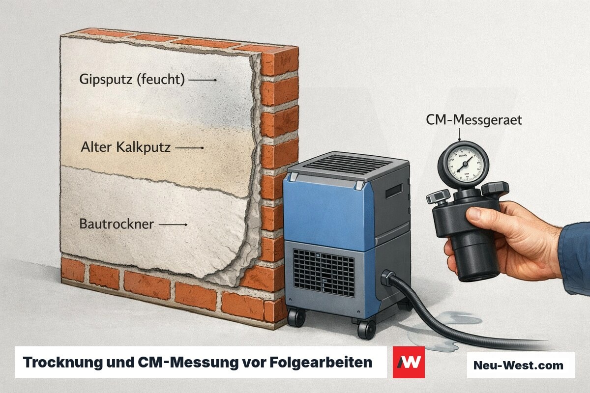 Querschnitt einer trocknenden Wand nach Nassablösen mit Gipsputz, Kalkputz, Bautrockner und CM-Messgerät zur Feuchteprüfung.