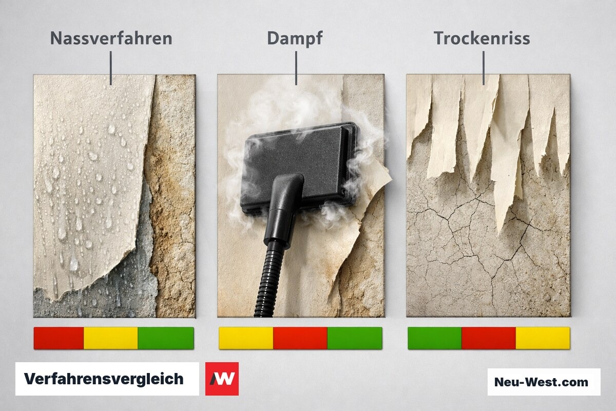 Verfahrensvergleich: Nass-Ablösen, Dampf, Trockenriss – Erklär-Grafik (NEUWEST Berlin)