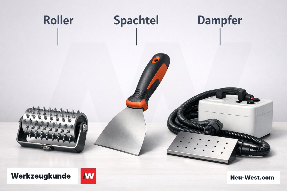 Werkzeugkunde: Perforierroller, Breitspachtel, Dampfgerät – Erklär-Grafik (NEUWEST Berlin)