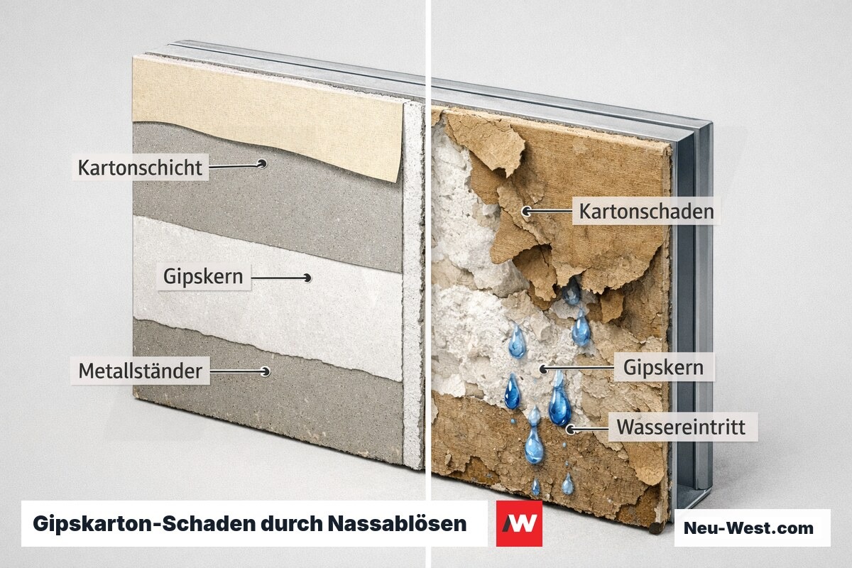 Querschnitt einer Gipskartonplatte: intakter Schichtaufbau links, rechts durch Wasser aufgequollene Kartonschicht und zerstörter Gipskern beim Nassablösen der Tapete.