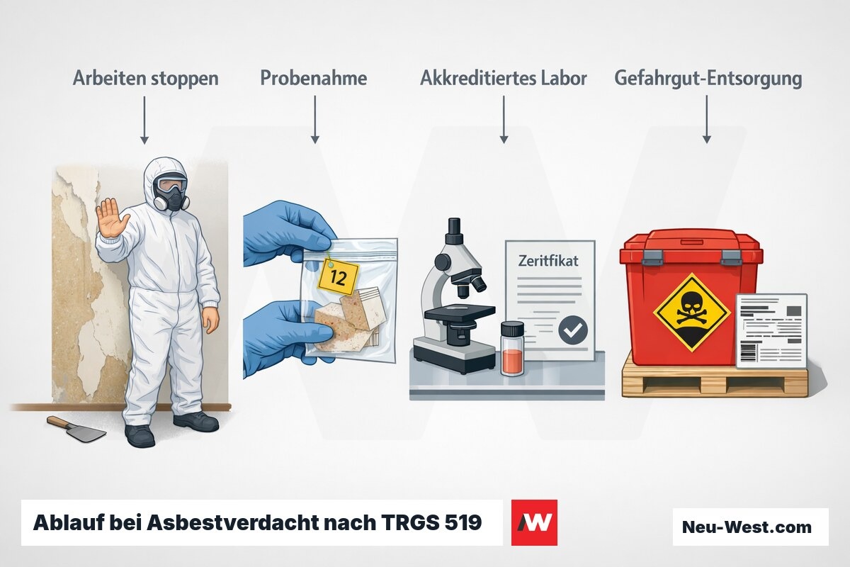 Prozessgrafik in vier Schritten: Arbeiten stoppen, Probenahme, Analyse im akkreditierten Labor, Entsorgung als gefaehrlicher Abfall bei Asbestverdacht.