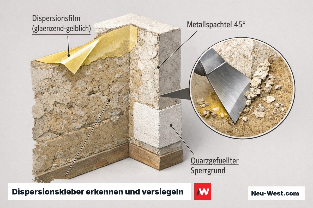 Detail-Querschnitt einer Altbauwand mit glänzendem Dispersionsfilm, Schaber-Test mit Metallspachtel unter 45 Grad und quarzgefülltem Sperrgrund.