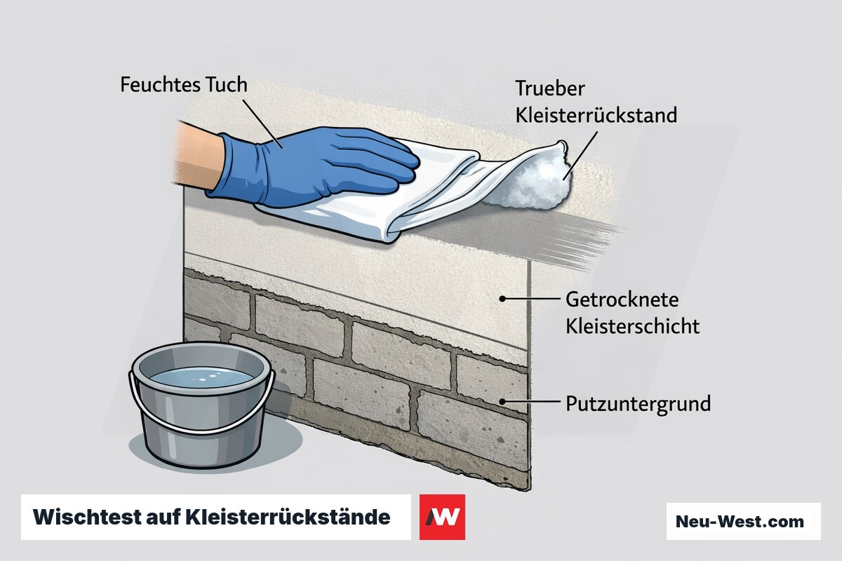 Querschnitt eines Wischtests: feuchtes Tuch zieht über Putzwand, trüber Kleisterrückstand auf Tuch, getrocknete Kleisterschicht auf Putzuntergrund sichtbar.