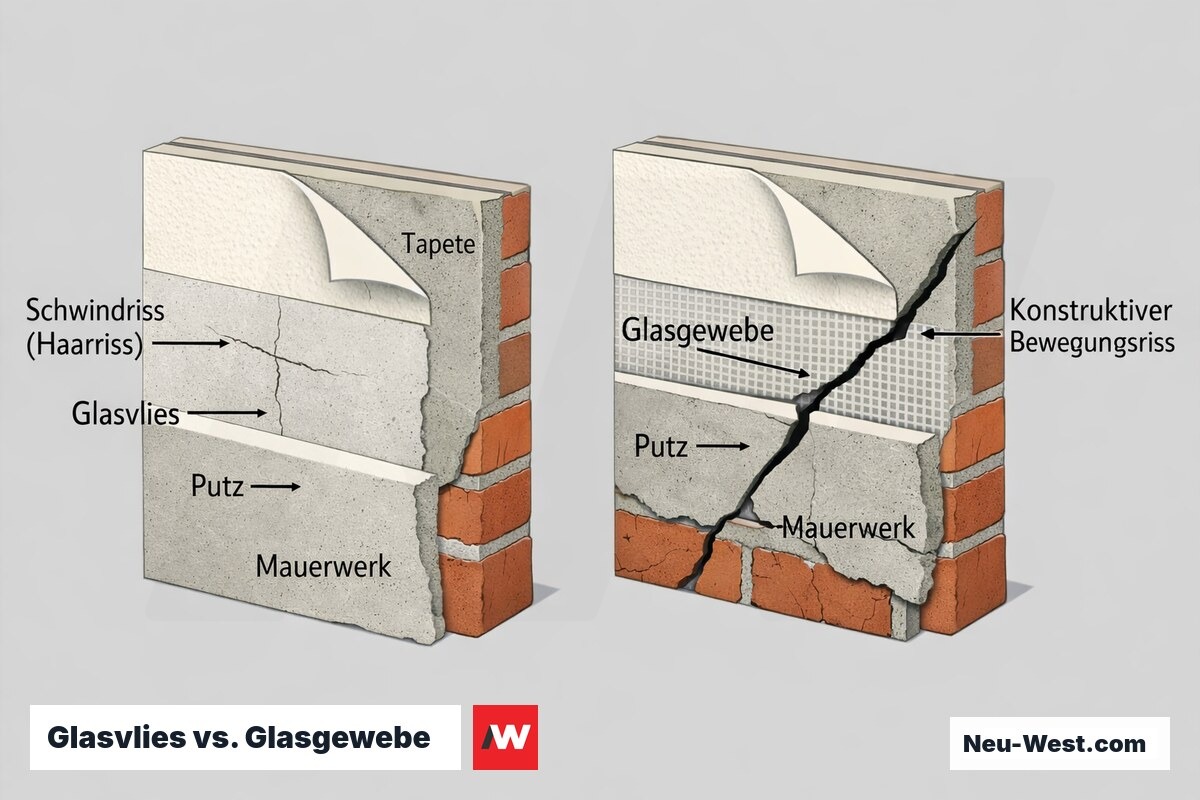 Wandquerschnitt: Glasvlies überbrückt Schwind-Haarriss, Glasgewebe spannt über konstruktiven Bewegungsriss – Grenzen der Rissüberbrückung.