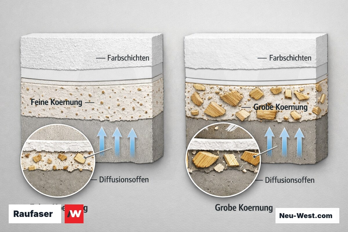 Querschnitt-Vergleich feine und grobe Raufaser-Körnung auf Putzwand mit Farbschichten und diffusionsoffenem Wasserdampf-Durchgang.