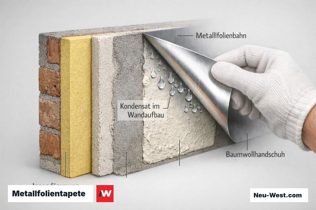 Wandquerschnitt mit Metallfolientapete, behandschuhter Hand und Kondensatbildung hinter der Bahn vor einer Innendämmung.