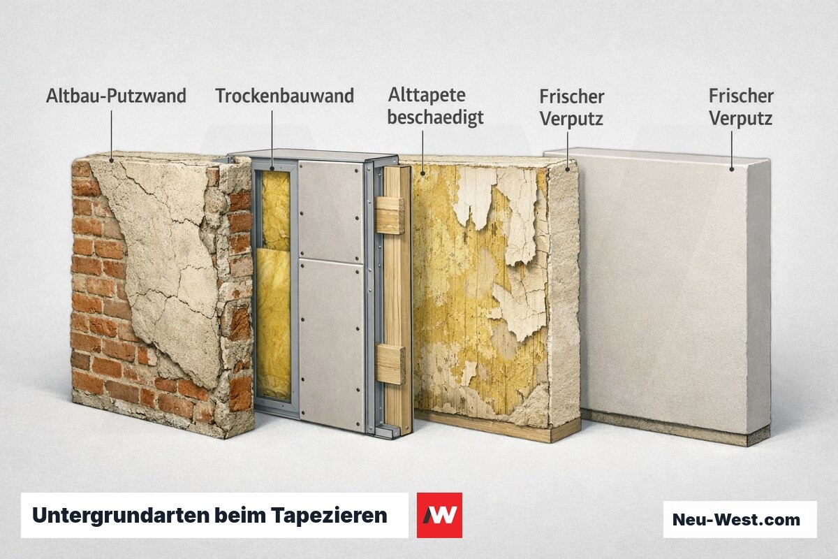 Vergleichende Querschnitt-Illustration von vier Wanduntergruenden: Altbau-Putzwand, Trockenbauwand, beschaedigte Alttapete und frisch verputzte Wand