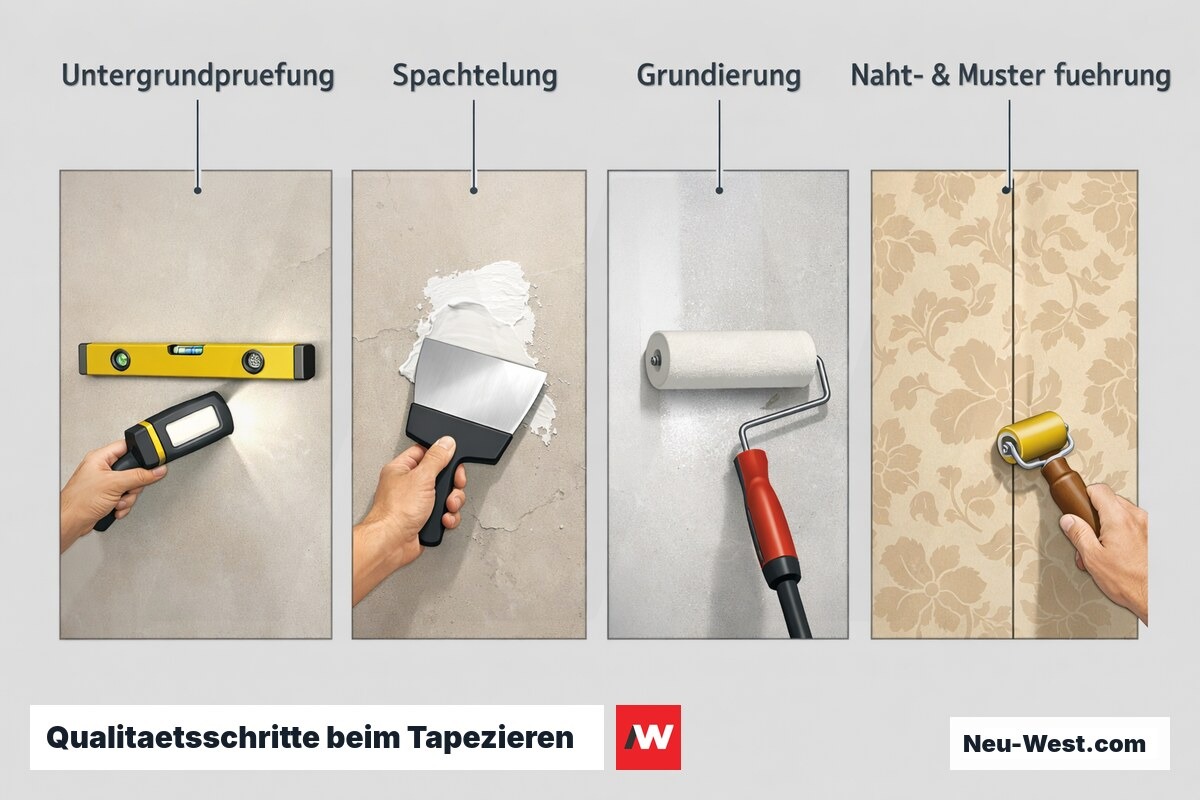 Prozessreihe: Untergrundpruefung, Spachteln, Grundieren und praezise Naht- und Musterfuehrung als qualitaetsbestimmende Arbeitsschritte beim Tapezieren.