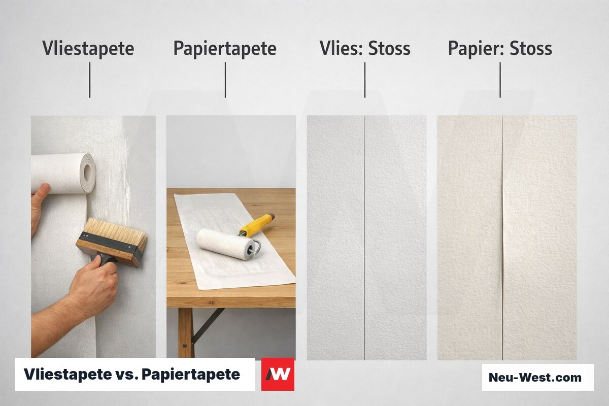 Vliestapete vs. Papiertapete: Verarbeitungsvergleich – Erklär-Grafik (NEUWEST Berlin)