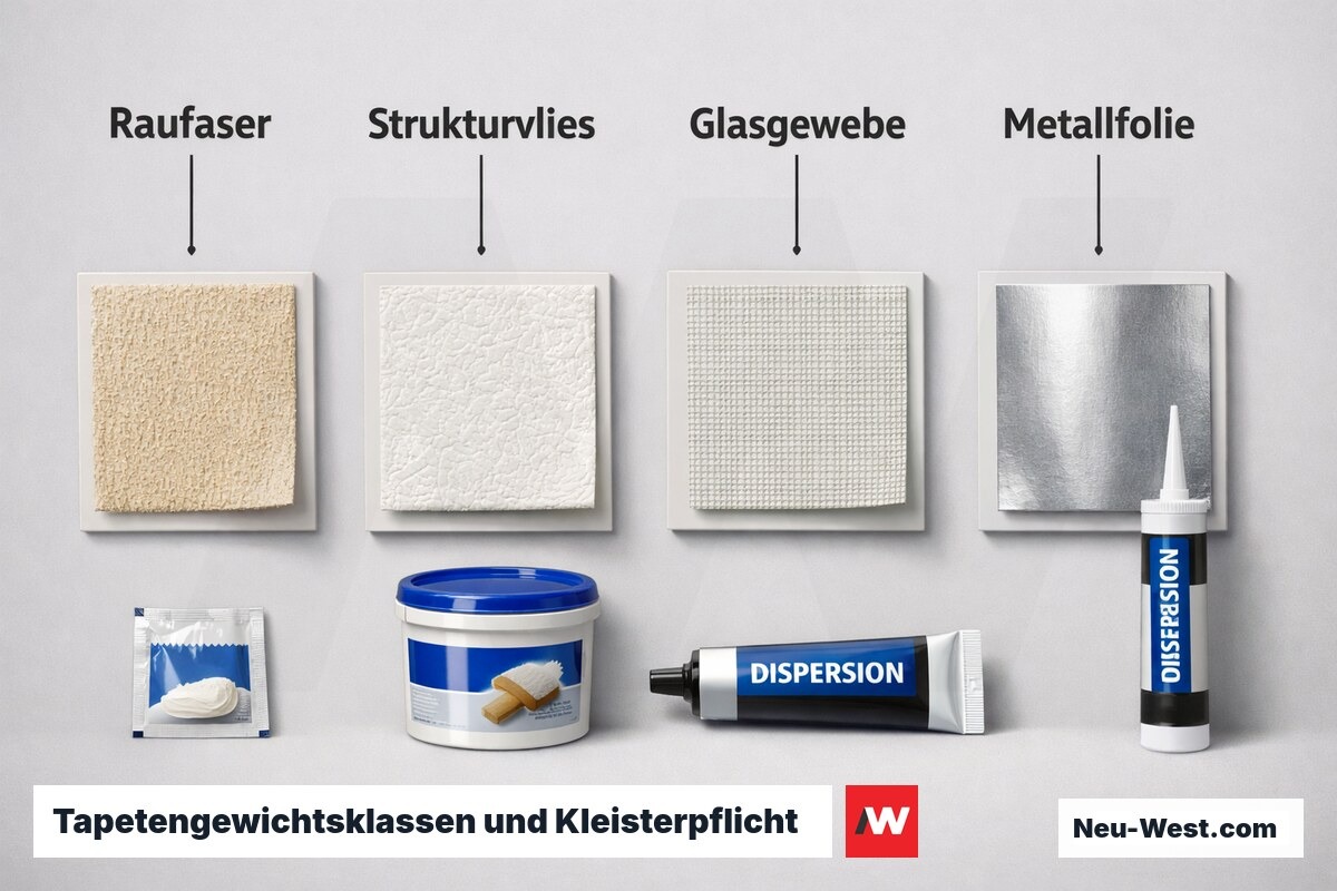 Tapetengewichtsklassen und Kleisterpflicht – Erklär-Grafik (NEUWEST Berlin)
