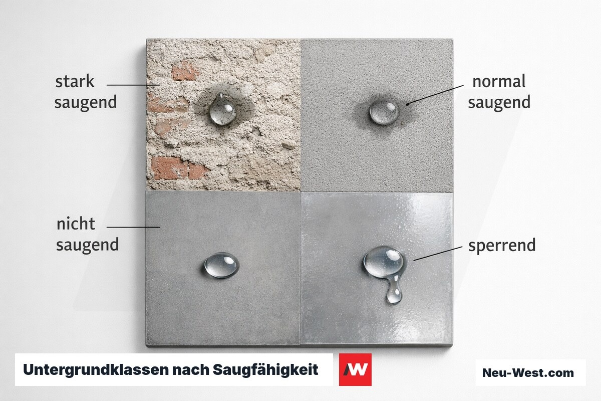 Untergrundklassen nach Saugfähigkeit (Wasserupf-Probe) – Erklär-Grafik (NEUWEST Berlin)