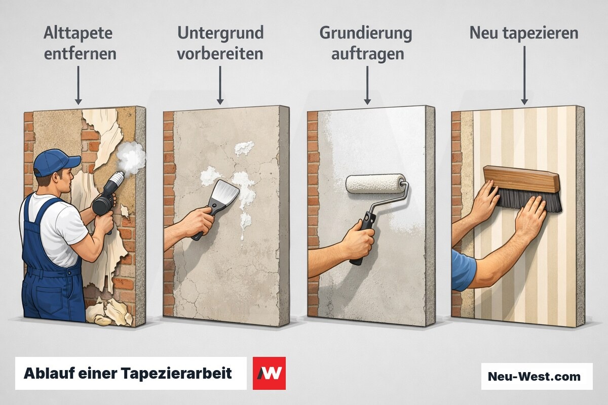Erklaer-Illustration der vier Arbeitsschritte beim Tapezieren: Alttapete entfernen, Untergrund vorbereiten, Grundierung und neue Tapete anbringen