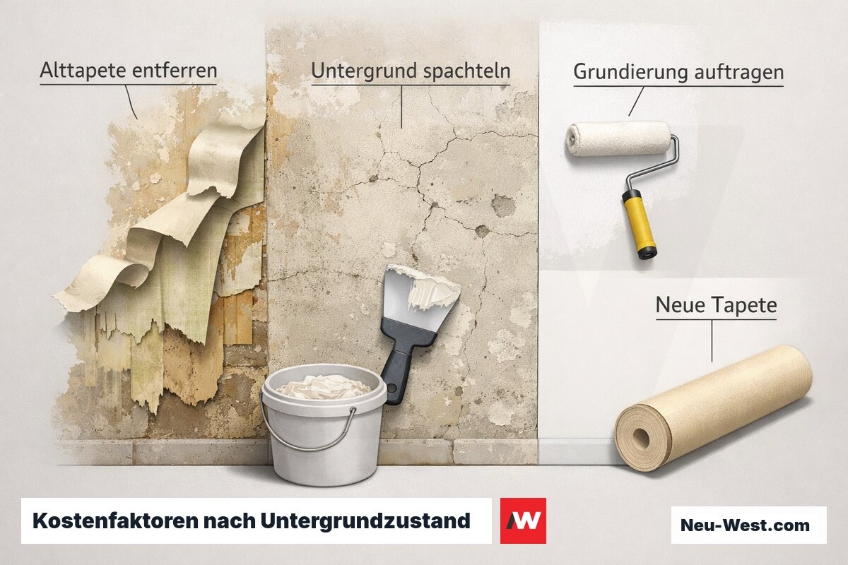 Querschnitt einer Wandsanierung mit Tapetenentfernung, Spachtelung, Grundierung und Neutapezierung als kostenbestimmende Arbeitsschritte.