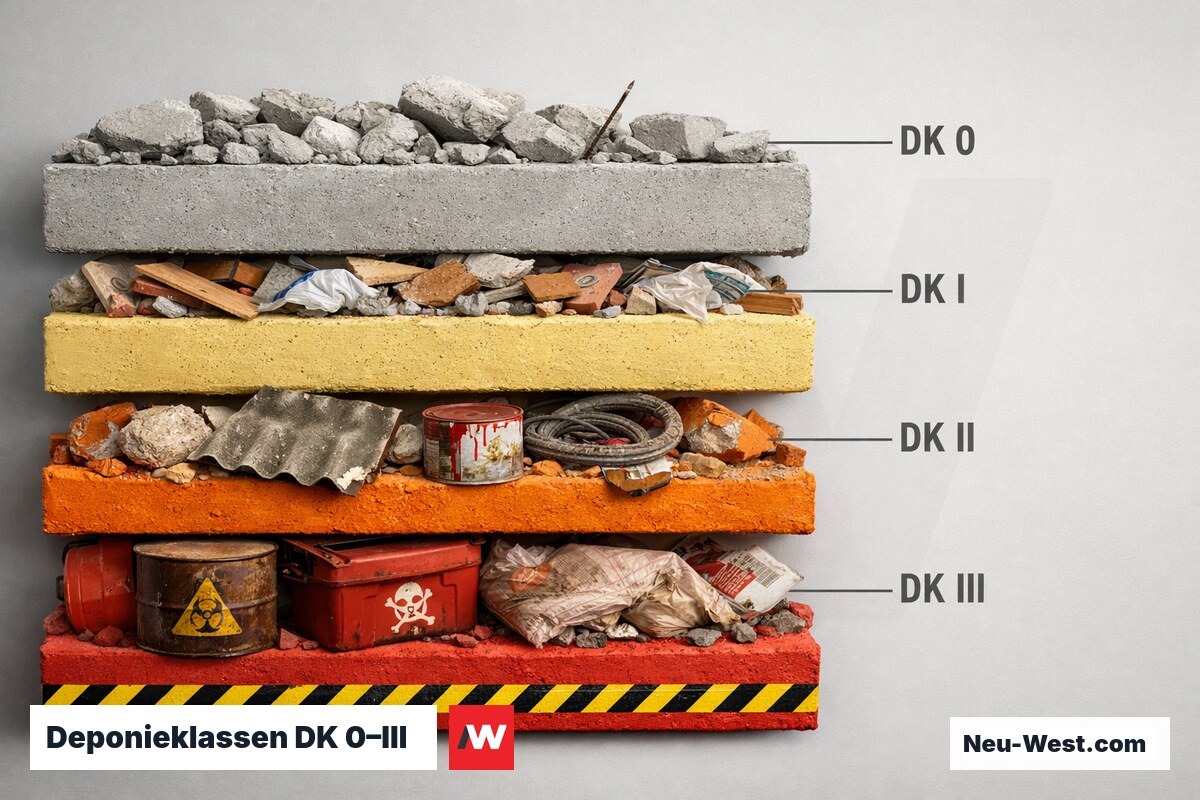 Deponieklassen DK 0–III: Abbruchmaterial und Entsorgungswege – Erklär-Grafik (NEUWEST Berlin)