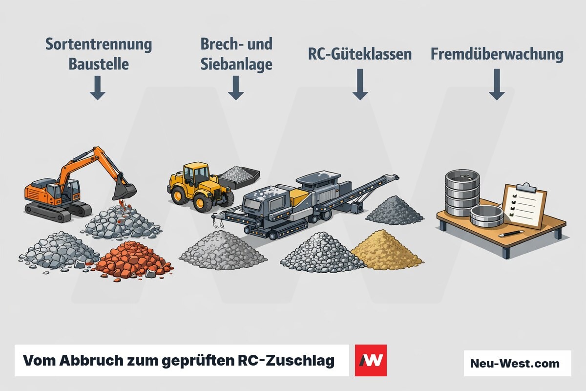 Prozessgrafik: sortenreine Trennung auf der Abbruchbaustelle, Brech- und Siebanlage und geprüfte RC-Güteklassen des Recycling-Betons.