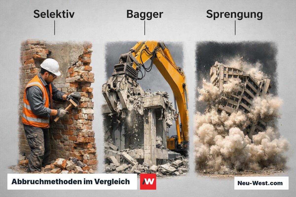 Abbruchmethoden im Vergleich: Selektivrückbau, Baggerabbruch, Sprengung – Erklär-Grafik (NEUWEST Berlin)