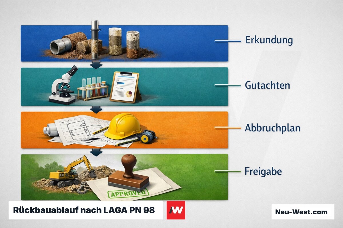 Rückbauablauf nach LAGA PN 98: Von der Erkundung bis zur Flächenfreigabe – Erklär-Grafik (NEUWEST Berlin)