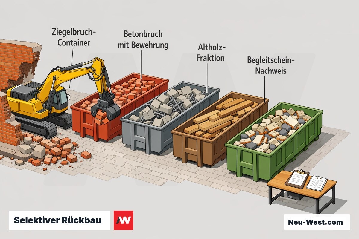 Erklär-Grafik: selektiver Rückbau mit getrennten Containern für Ziegel, Beton, Holz und Mischschutt sowie Begleitschein-Nachweis auf Berliner Baustelle.