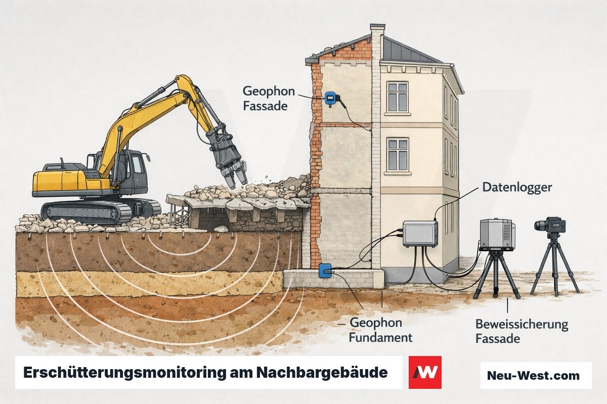 Querschnitt einer Abbruchstelle mit zwei Geophon-Messpunkten am Nachbarhaus, Datenlogger und Fassaden-Beweissicherung nach DIN 4150-3.