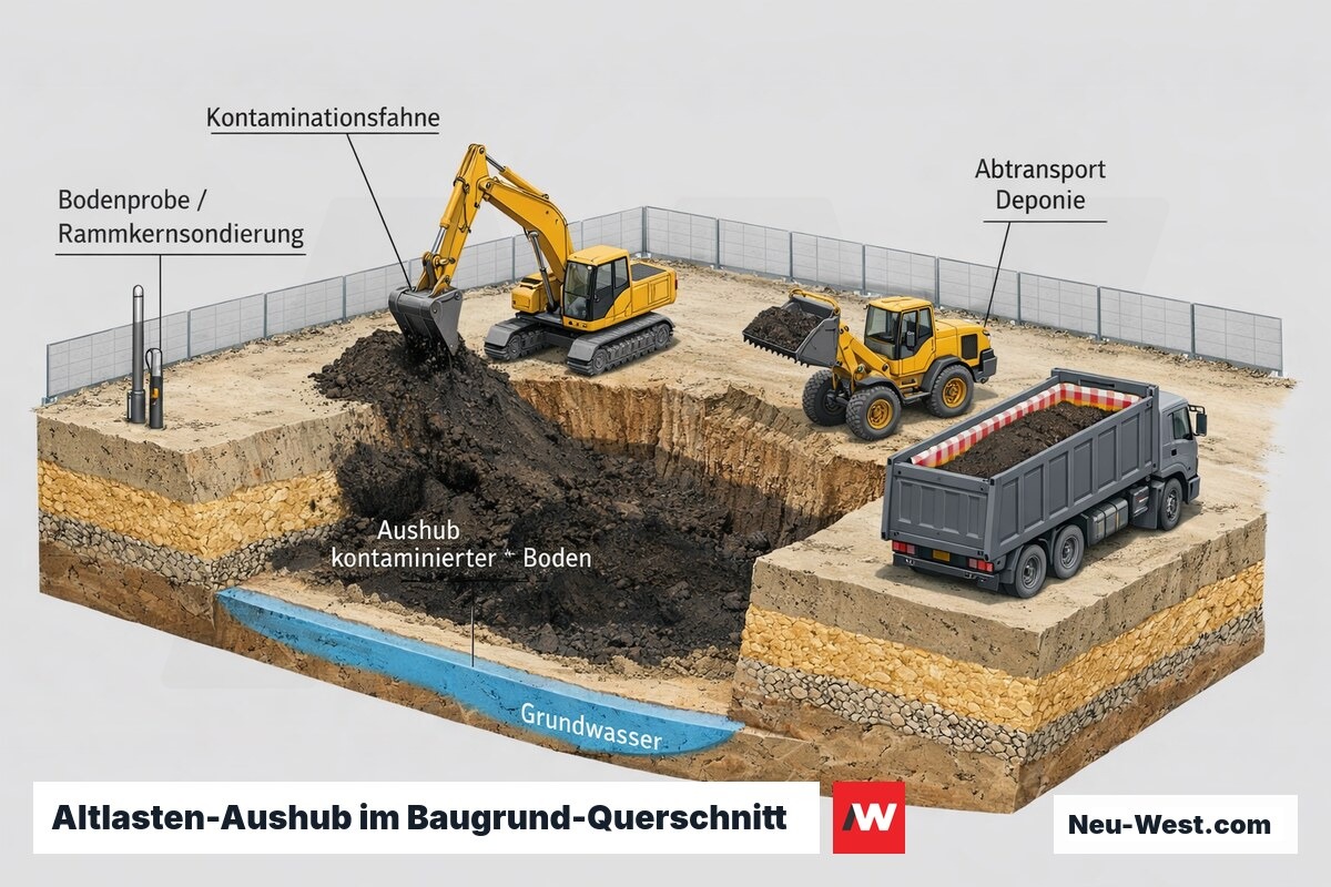 Querschnitt einer Abbruch-Baugrube mit kontaminierter Bodenzone, Bodenprobe, Aushub und Abtransport zur Deponie in Berlin.