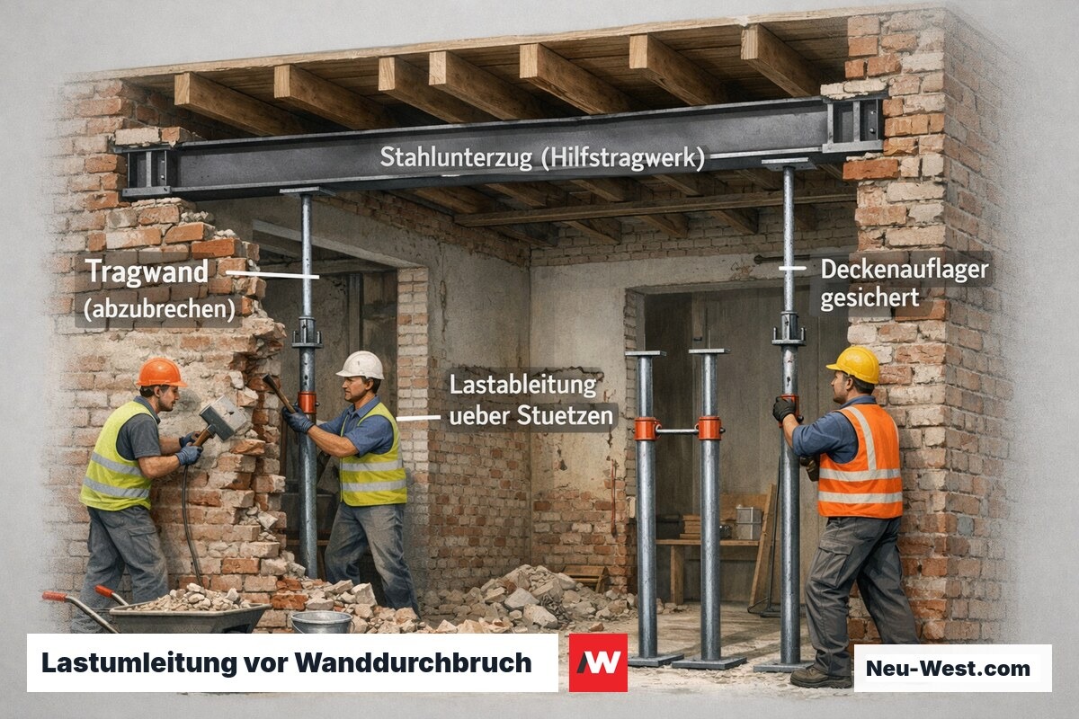 Querschnitt Altbau: Stählerner Hilfsunterzug sichert Deckenlast bevor tragende Innenwand abgebrochen wird