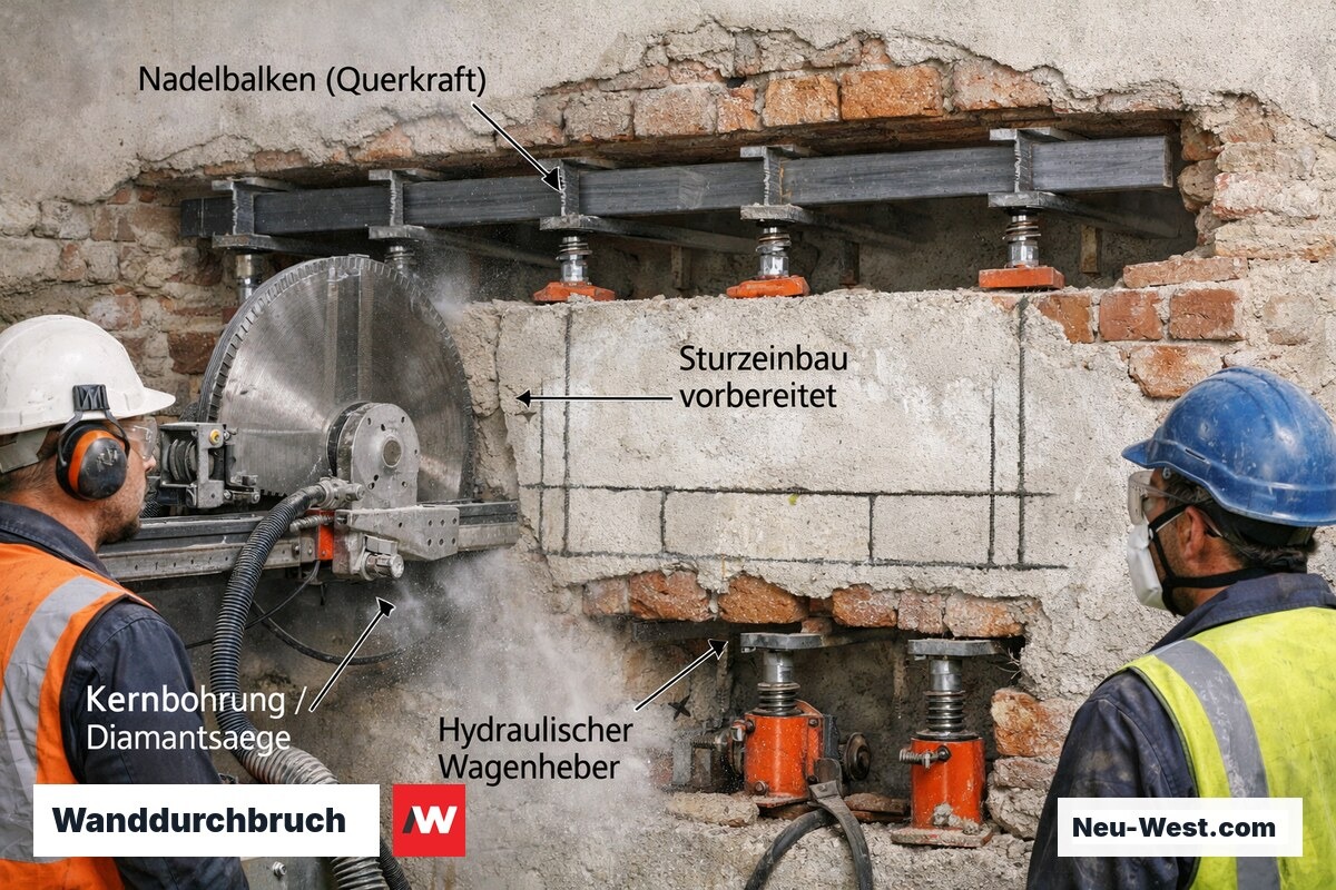 Nahaufnahme Wanddurchbruch: Nadelbalken und Hydraulikstützen sichern Mauerwerk vor dem Sägeschnitt