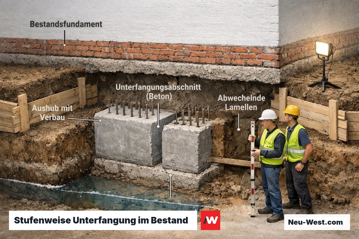 Keller-Querschnitt: Abschnittsweise Unterfangung des Altbaufundaments mit Stahlbeton-Lamellen