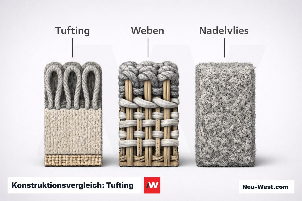 Konstruktionsvergleich: Tufting – Weben – Nadelvlies – Erklär-Grafik (NEUWEST Berlin)