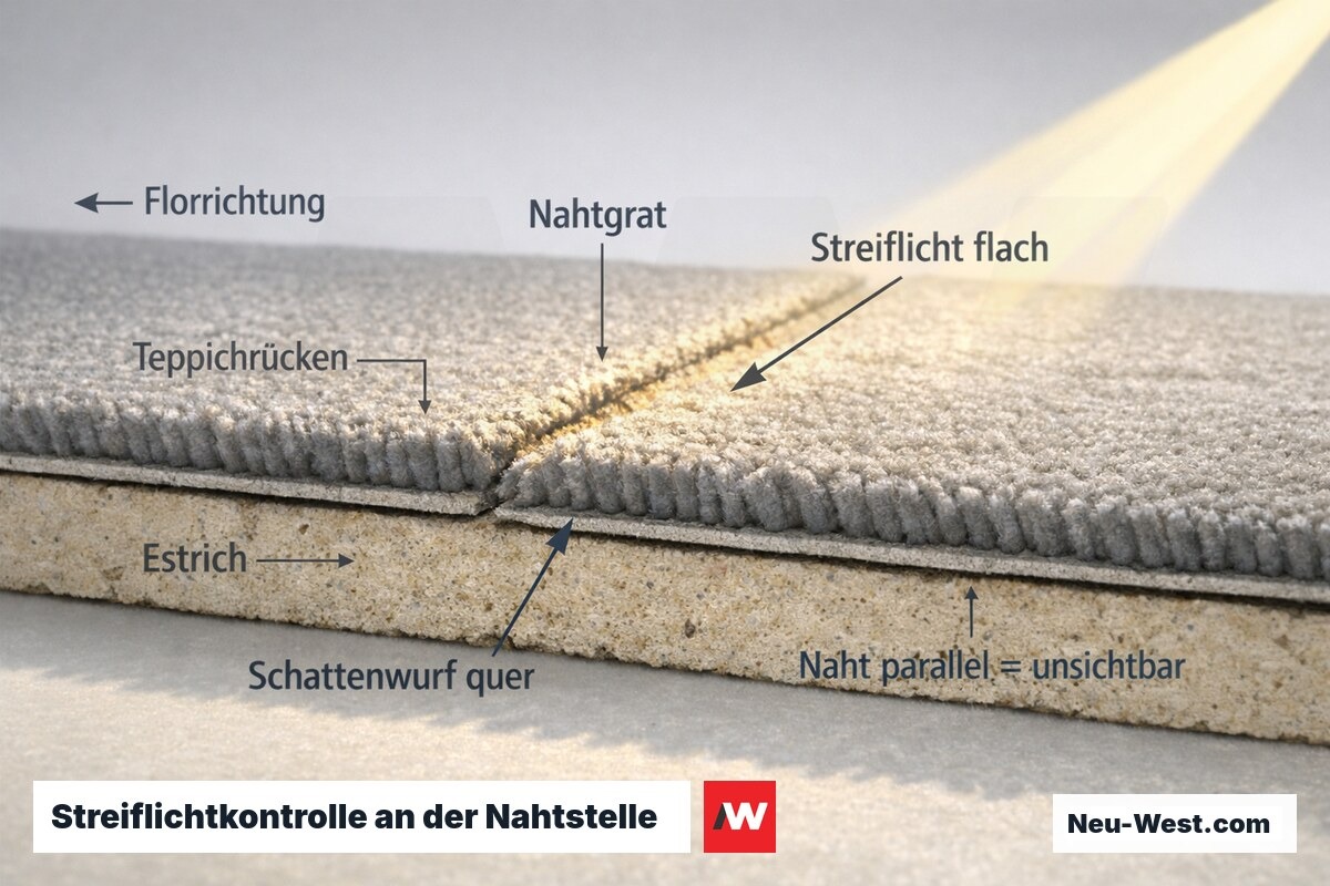 Querschnitt einer Teppichnaht im flachen Streiflicht: Nahtgrat quer zum Licht wirft Schatten, parallele Naht bleibt unsichtbar.