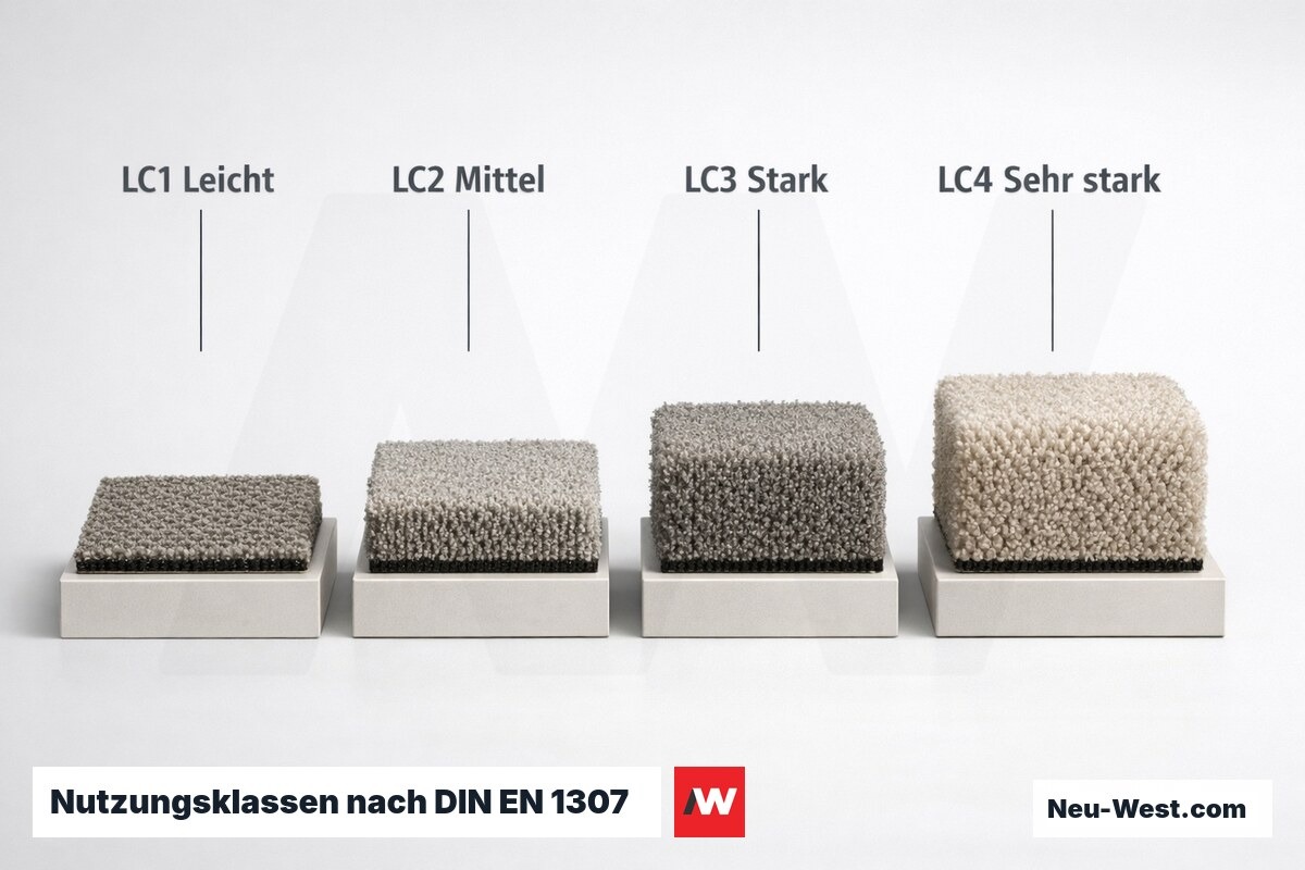 Nutzungsklassen nach DIN EN 1307: LC1 bis LC4 im Vergleich – Erklär-Grafik (NEUWEST Berlin)
