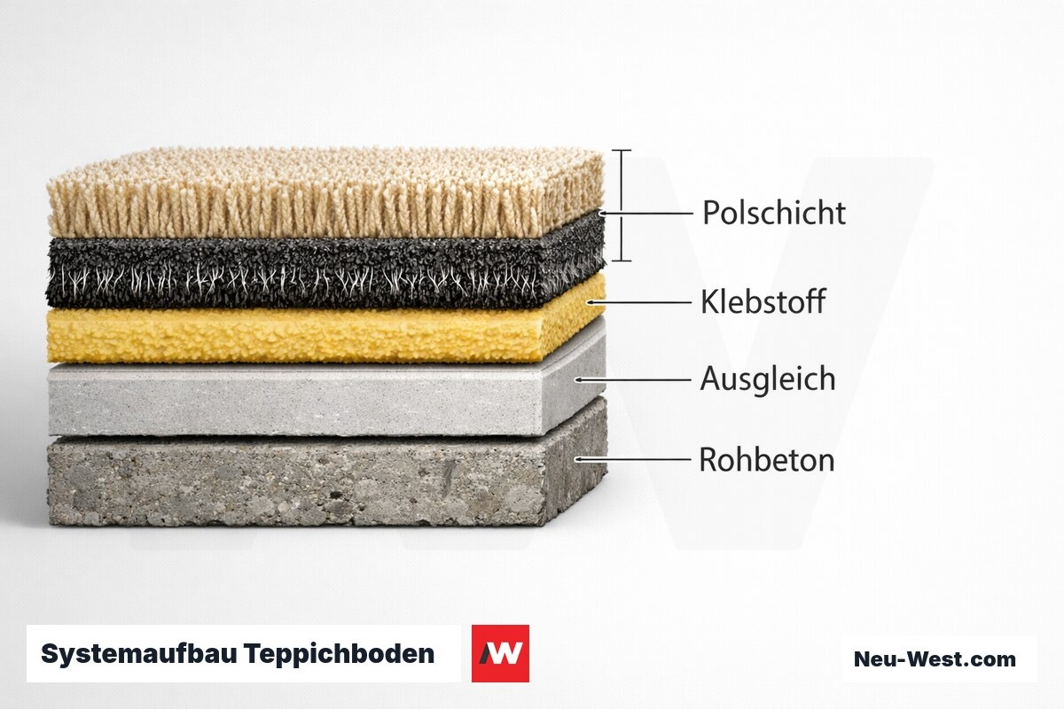 Systemaufbau Teppichboden: Schichtfolge, CM-Messpunkt und Trocknungstiefe – Erklär-Grafik (NEUWEST Berlin)