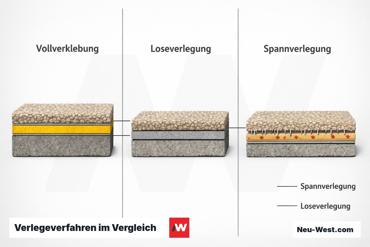 Verlegeverfahren im Vergleich: Vollverklebung – Spannverlegung – Loseverlegung – Erklär-Grafik (NEUWEST Berlin)