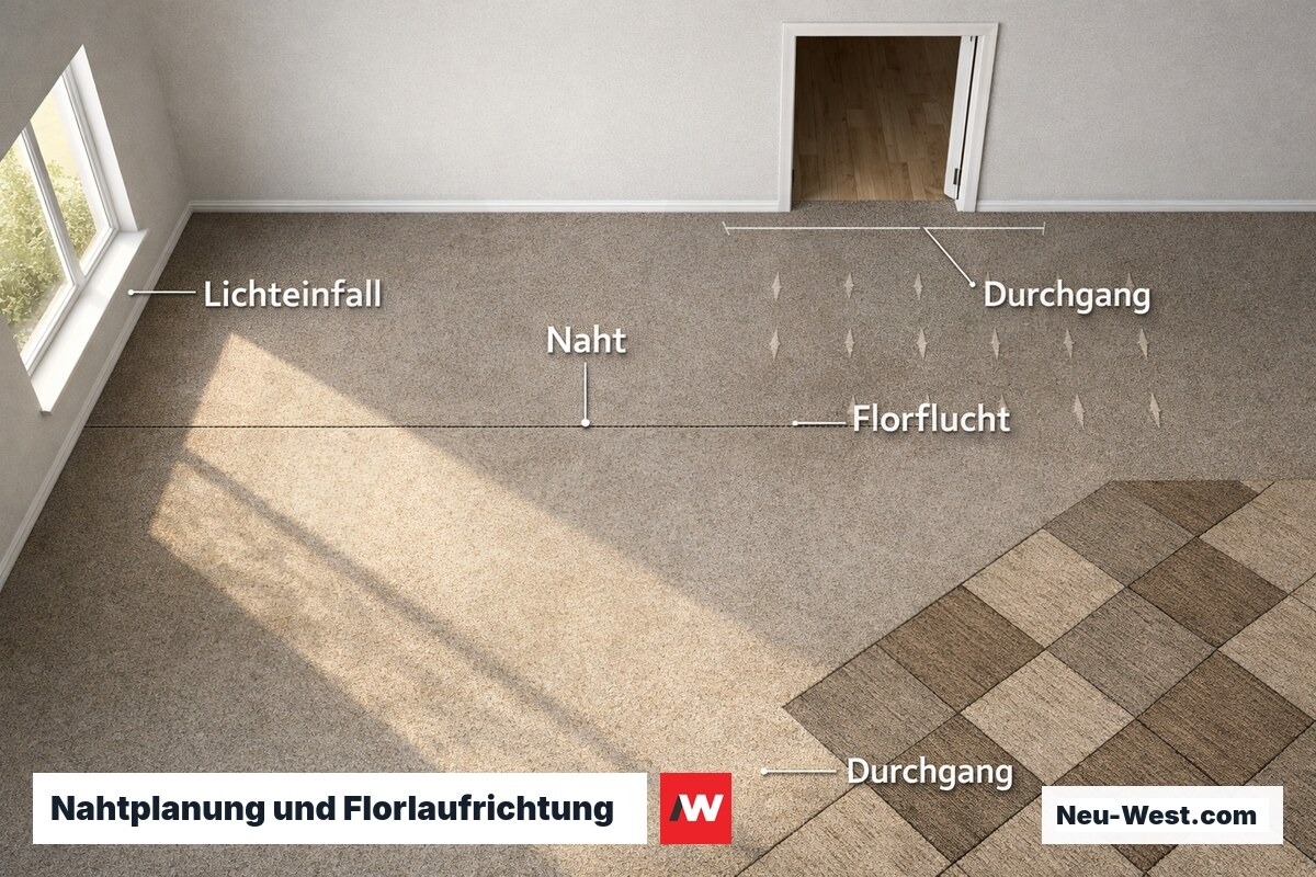 Nahtplanung und Florlaufrichtung: Lichteinfall, Nahtversatz und Risikozonen – Erklär-Grafik (NEUWEST Berlin)