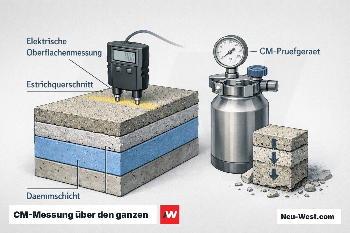 Querschnitt eines Estrichs: elektrisches Messgerät prüft nur die Oberfläche, CM-Prüfgerät misst den Wassergehalt des gesamten Estrichquerschnitts.