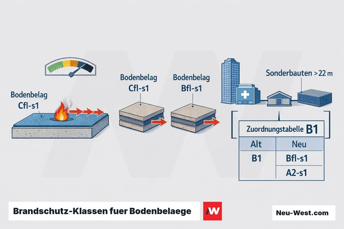 Erklaer-Grafik zum Brandschutz von Bodenbelaegen: Vergleich Cfl-s1 und Bfl-s1, Sonderbauten ueber 22 m und Zuordnung der alten B1-Klasse.