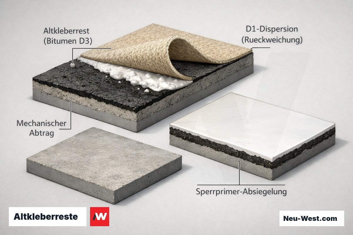 Querschnitt: bituminöser Altkleber reagiert mit D1-Dispersion und löst Belag ab; daneben mechanischer Abtrag und Sperrprimer als Lösung.