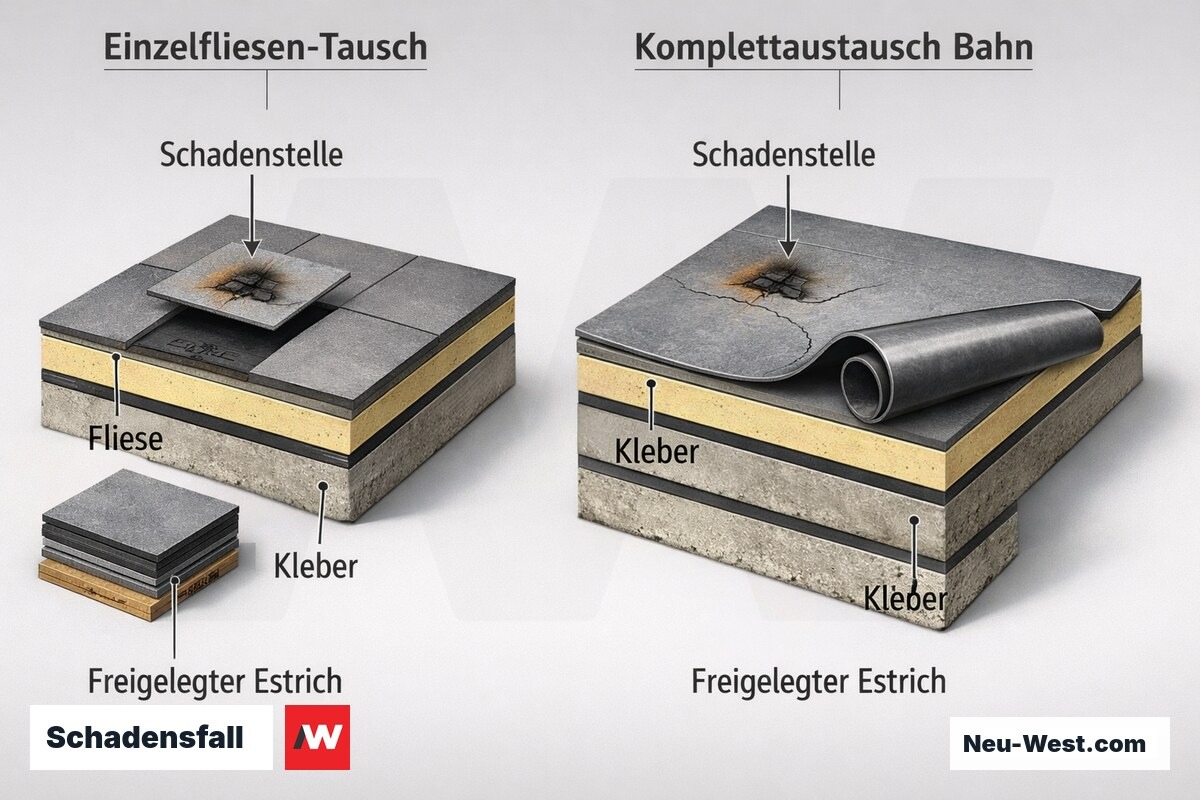 Vergleichsgrafik: lokaler Schaden erfordert bei Fliesen nur Einzeltausch, bei Bahnenware Komplettaustausch der Fläche bis auf den Estrich.